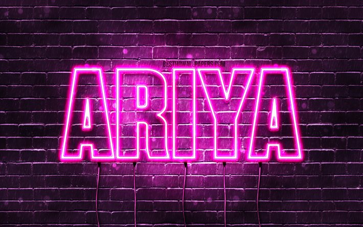 Ariya, 4k, خلفيات أسماء, أسماء الإناث, Ariya اسم, الأرجواني أضواء النيون, نص أفقي, صورة مع Ariya اسم