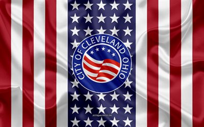 クリーブランドシール, 4k, シルクの質感, アメリカのフラグ, 米国, クリーブランド, オハイオ, アメリカの市, シールのクリーブランド, 絹の旗を