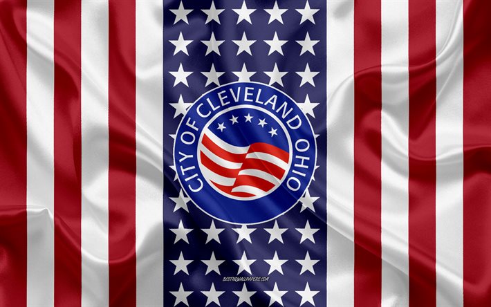 Cleveland Sceau, 4k, soie, texture, Drapeau Am&#233;ricain, etats-unis, Cleveland, Ohio, Ville Am&#233;ricaine, le Sceau de la ville de Cleveland, drapeau de soie