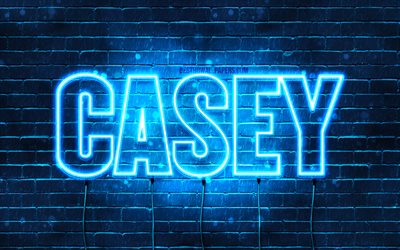 Casey, 4k, pap&#233;is de parede com os nomes de, texto horizontal, Casey nome, luzes de neon azuis, imagem com Casey nome