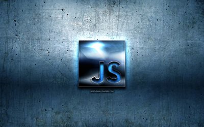 JavaScript metal logo, grunge, programming language signs, blue metal background, JavaScript, creative, programming language, JavaScript logo