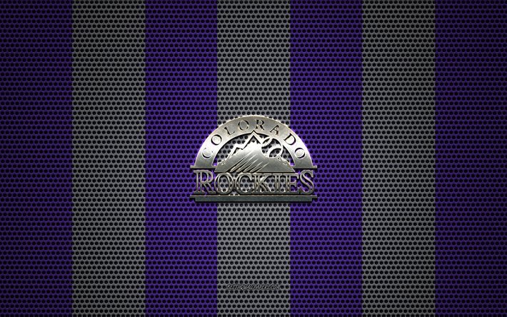 Colorado Rockies-logo, Amerikkalainen baseball club, metalli-tunnus, violetti valkoinen metalli mesh tausta, Colorado Rockies, MLB, Denver, Colorado, USA, baseball