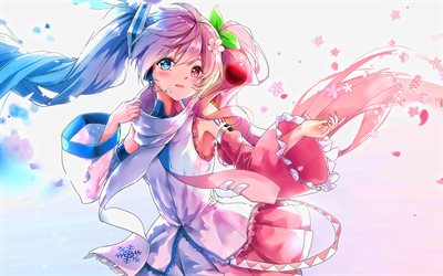 Hatsune Miku, heterochromia, Vocaloid Caracteres, a arte abstrata, mang&#225;, inverno, Vocaloid, Miku Hatsune