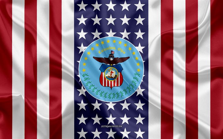 Columbus Tiiviste, 4k, silkki tekstuuri, Amerikan Lippu, USA, Columbus, Ohio, Amerikkalainen Kaupunki, Sinetti Columbus, silkki lippu