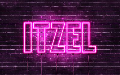 Itzel, 4k, wallpapers with names, female names, Itzel name, purple neon lights, horizontal text, picture with Itzel name