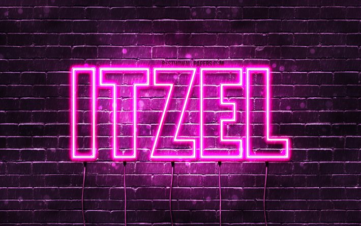 Itzel, 4k, des fonds d&#39;&#233;cran avec des noms, des noms f&#233;minins, Itzel nom, de violet, de n&#233;ons, le texte horizontal, image avec Itzel nom