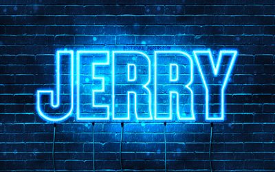 Jerry, 4k, les papiers peints avec les noms, le texte horizontal, Jerry nom, bleu n&#233;on, une photo avec le nom de Jerry