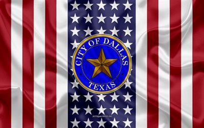 ダラスのシール, 4k, シルクの質感, アメリカのフラグ, 米国, ダラス, テキサス州, アメリカの市, シールは、ダラス, 絹の旗を