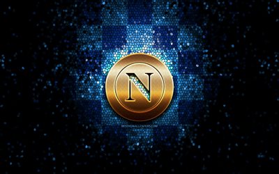 Napoli FC, glitter logo, Serie, mavi damalı arka plan, futbol, Fiorentina, İtalyan Futbol Kul&#252;b&#252;, Napoli logo, mozaik sanatı, İtalya