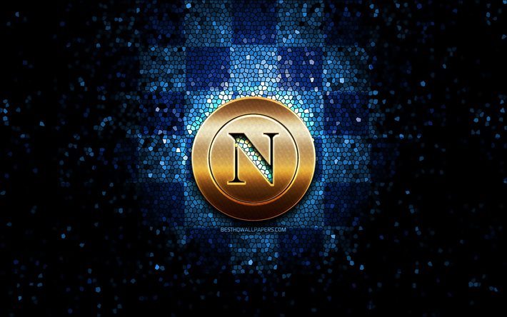 Napoli FC, glitter logotyp, Serien, bl&#229; rutig bakgrund, fotboll, SSC Napoli, italiensk fotboll club, Napoli logotyp, mosaik konst, Italien