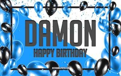 Feliz Cumplea&#241;os Damon, Globos de Cumplea&#241;os de Fondo, Damon, fondos de pantalla con los nombres, Damon Feliz Cumplea&#241;os, Globos Azules Cumplea&#241;os de Fondo, tarjeta de felicitaci&#243;n, Damon Cumplea&#241;os
