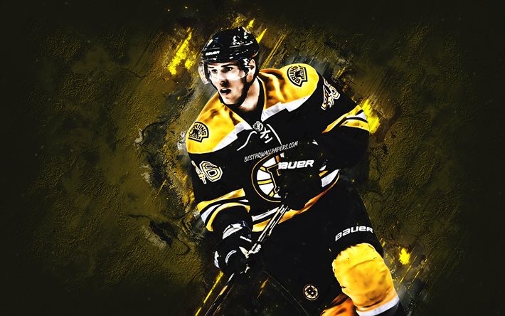 David Krejci, Boston Bruins, NHL, czech hockey player, portrait, yellow stone background, National Hockey League