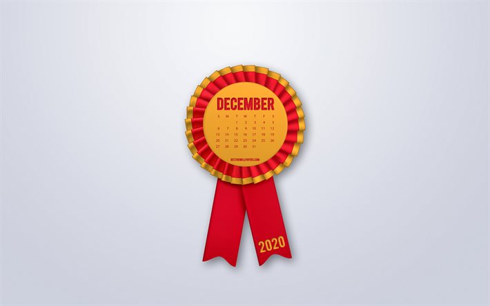 2020 December calendar, red silk ribbon sign, 2020 winter calendars, December, silk badge, gray background, December 2020 Calendar