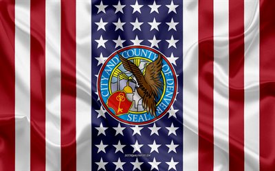 Denver Sello, 4k, de seda, de textura, de la Bandera Americana, estados UNIDOS, Denver, Colorado, la Ciudad de Am&#233;rica, el Sello de la ciudad de Denver, bandera de seda