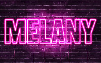 Melany, 4k, wallpapers with names, female names, Melany name, purple neon lights, horizontal text, picture with Melany name