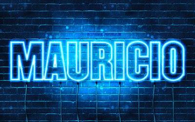 Mauricio, 4k, fondos de pantalla con los nombres, el texto horizontal, Mauricio nombre, luces azules de ne&#243;n, de la imagen con el nombre Mauricio