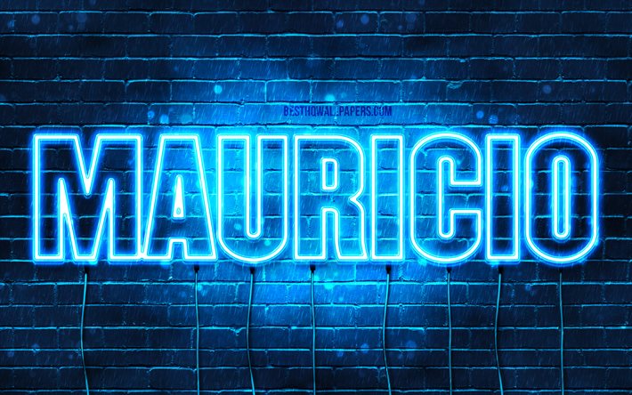 موريسيو, 4k, خلفيات أسماء, نص أفقي, ماوريسيو اسم, الأزرق أضواء النيون, صورة مع ماوريسيو اسم