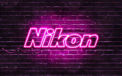 Nikon purple logo, 4k, purple brickwall, Nikon logo, brands, Nikon neon logo, Nikon