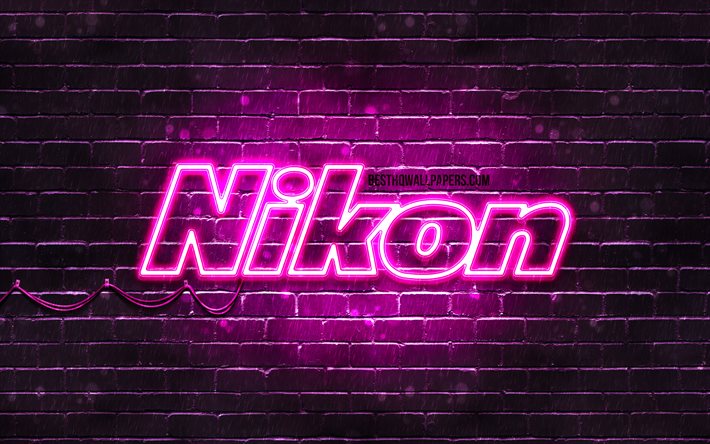 Nikon roxo logotipo, 4k, roxo brickwall, Nikon logotipo, marcas, Nikon neon logotipo, Nikon