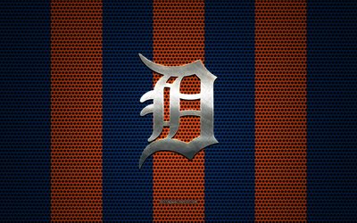Detroit Tigers logo, American baseball club, metal emblem, blue orange metal mesh background, Detroit Tigers, MLB, Detroit, Michigan, USA, baseball