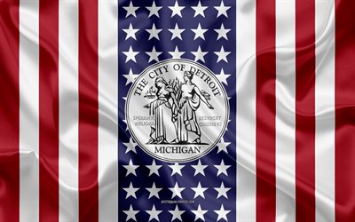 デトロイトシール, 4k, シルクの質感, アメリカのフラグ, 米国, デトロイト, ミシガン, アメリカの市, シールのデトロイト, 絹の旗を