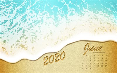 2020 يونيو التقويم, ساحل البحر, الشاطئ, الصيفية 2020 التقويمات, البحر, الرمال, حزيران / يونيه 2020 التقويم, الصيف الفن, حزيران / يونيه