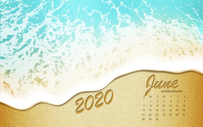 2020 Junho De Calend&#225;rio, costa do mar, praia, 2020 ver&#227;o calend&#225;rios, mar, areia, Junho De 2020 Calend&#225;rio, arte ver&#227;o, Junho