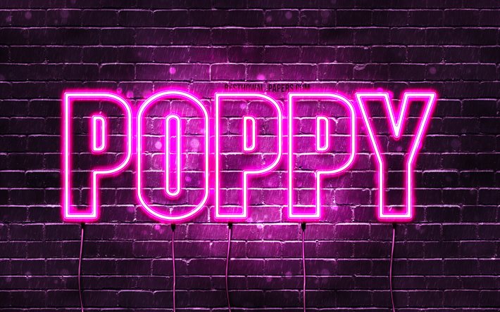 Poppy, 4k, wallpapers with names, female names, Poppy name, purple neon lights, horizontal text, picture with Poppy name