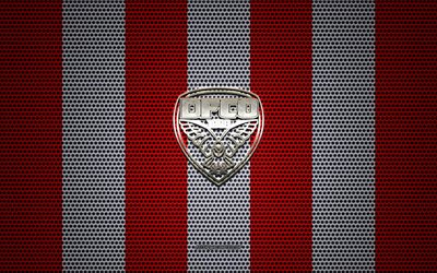 Dijon FCO logo, club fran&#231;ais de football, embl&#232;me de m&#233;tal, rouge m&#233;tal blanc maille de fond, Dijon FCO, Ligue 1, Dijon, France, football