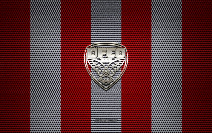 Dijon FCO logo, French football club, metal emblem, red white metal mesh background, Dijon FCO, Ligue 1, Dijon, France, football