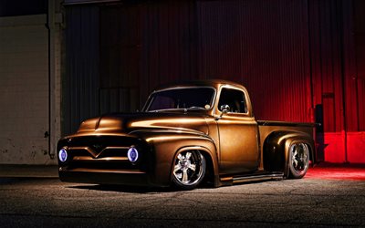 Ford F-100, low rider, 1956 voitures, voitures r&#233;tro, personnalis&#233; F-100, tuning, 1956 Ford F-100, camion pick-up Ford F-Series, american voitures, Chevrolet