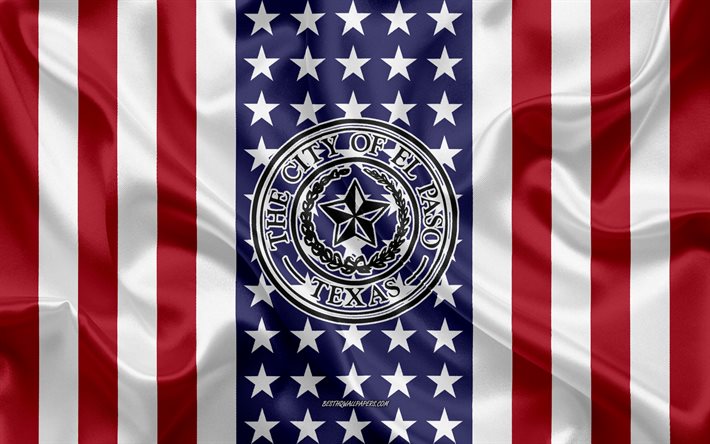 El Paso del Sello, 4k, de seda, de textura, de la Bandera Americana, estados UNIDOS, El Paso, Texas, la Ciudad de Am&#233;rica, el Sello de el Paso, bandera de seda