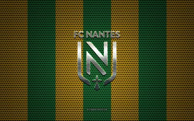 نادي نانت شعار, نادي كرة القدم الفرنسي, شعار معدني, نادي نانت الشعار الجديد عام 2020, الأصفر والأخضر والأبيض شبكة معدنية خلفية, نادي نانت, الدوري 1, نانت, فرنسا, كرة القدم