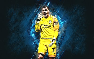 Ederson, Manchester City FC, Brazilian soccer player, goalkeeper, portrait, blue stone background, Premier League, England, football, Ederson Santana de Moraes