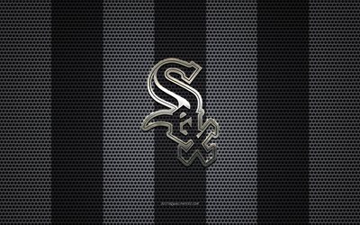 Chicago White Sox logotyp, Amerikansk baseball club, metall emblem, svart och vit metall mesh bakgrund, Chicago White Sox, MLB, Chicago, Illinois, USA, baseball