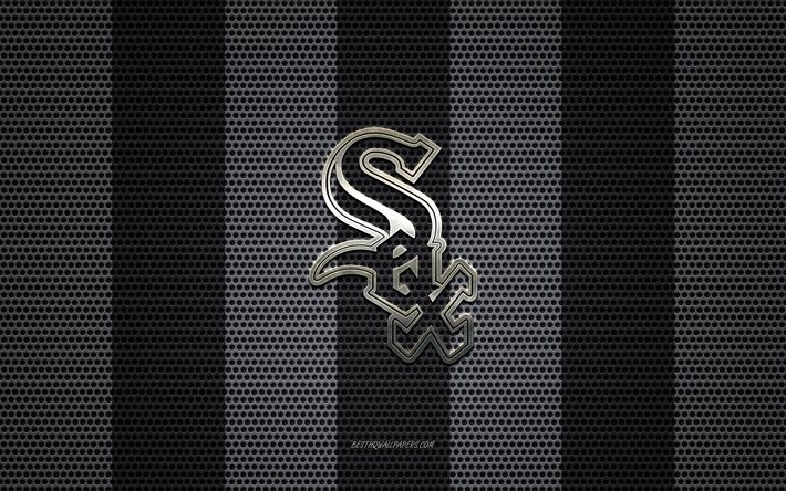 Chicago White Sox logo, American baseball club, metal emblem, black and white metal mesh background, Chicago White Sox, MLB, Chicago, Illinois, USA, baseball