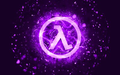 logotipo violeta de half-life, 4k, luces de ne&#243;n violetas, creativo, fondo abstracto violeta, logotipo de half-life, logotipos de juegos, half-life