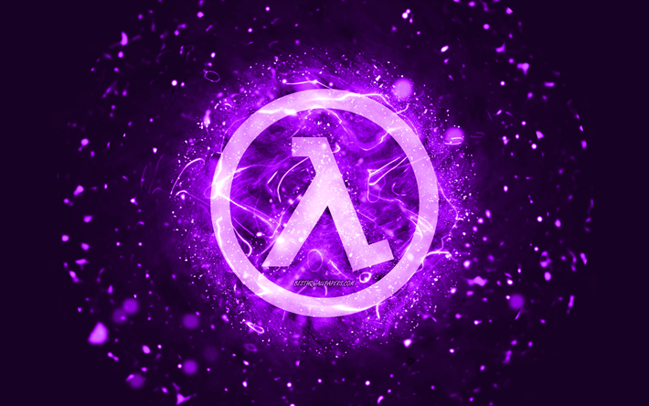 half-life violett logotyp, 4k, violetta neonljus, kreativ, violett abstrakt bakgrund, half-life logotyp, spellogotyper, half-life