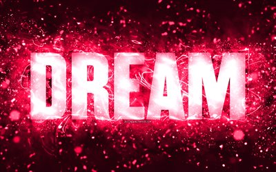 Happy Birthday Dream, 4k, pink neon lights, Dream name, creative, Dream Happy Birthday, Dream Birthday, popular american female names, picture with Dream name, Dream