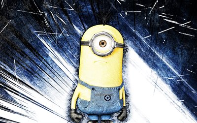 4k, Kevin, grunge art, Kevin the Minion, Minions The Rise of Gru, blue abstract rays, Despicable Me, Minions, Kevin Minions