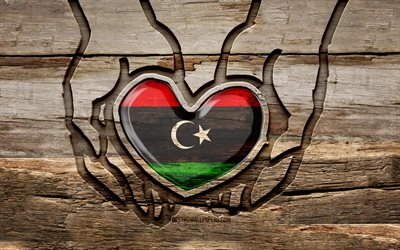 I love Libya, 4K, wooden carving hands, Day of Libya, Libyan flag, Flag of Libya, Take care Libya, creative, Libya flag, Libya flag in hand, wood carving, african countries, Libya