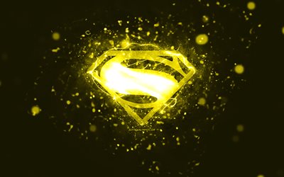 Superman yellow logo, 4k, yellow neon lights, creative, yellow abstract background, Superman logo, superheroes, Superman