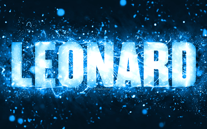 buon compleanno leonard, 4k, luci al neon blu, nome leonard, creativo, leonard buon compleanno, compleanno di leonard, nomi maschili americani popolari, foto con nome leonard, leonard