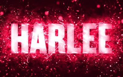 Happy Birthday Harlee, 4k, pink neon lights, Harlee name, creative, Harlee Happy Birthday, Harlee Birthday, popular american female names, picture with Harlee name, Harlee