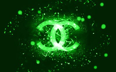 Chanel green logo, 4k, green neon lights, creative, green abstract background, Chanel logo, fashion brands, Chanel