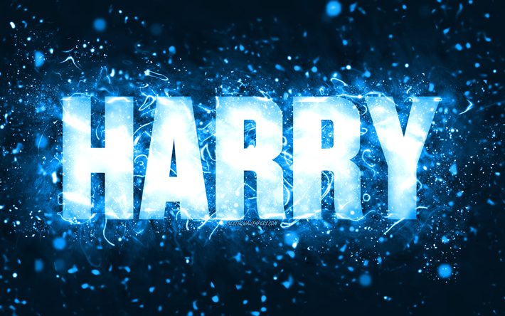 お誕生日おめでとうハリー, 4k, 青いネオンライト, ハリーの名前, クリエイティブ, ハリーお誕生日おめでとう, ハリーの誕生日, 人気のあるアメリカ人男性の名前, ハリーの名前の写真, ハリー