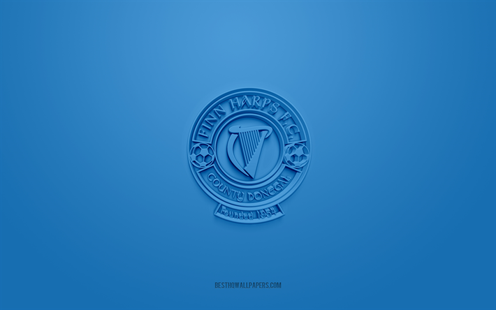finn harps fc, logo 3d creativo, sfondo blu, squadra di calcio irlandese, league of ireland premier division, finn park, irlanda, arte 3d, calcio, logo 3d del finn harps fc
