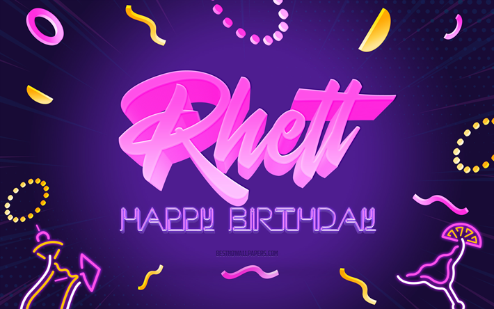お誕生日おめでとうレット, 4k, 紫のパーティーの背景, レット, クリエイティブアート, レットお誕生日おめでとう, レット名, レットの誕生日, 誕生日パーティーの背景