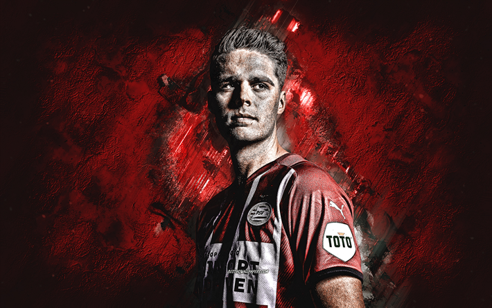 Joey Veerman, PSV, dutch football player, portrait, red stone background, football, PSV Eindhoven, Eredivisie
