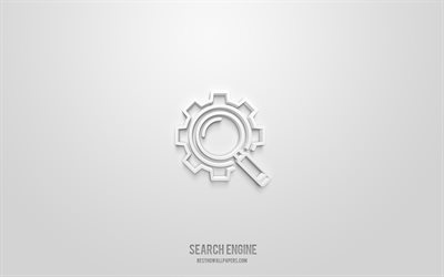 検索エンジンの3dアイコン, 白色の背景, 3dシンボル, 検索エンジン, seoアイコン, 3dアイコン, 検索エンジンのサイン, seo3dアイコン